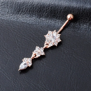 Exquisite flower dangle belly button ring with rose gold plating and crystal zircons