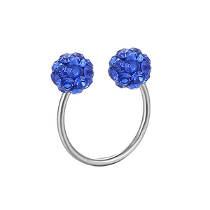 Detailed view of silver stainless steel horseshoe ring with sparkling blue crystal balls