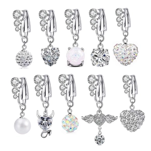 Set of 10 non-piercing silver navel rings with heart crystals and faux pearls