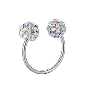 Macro detail of horseshoe piercing with rainbow crystal pavé beads on stainless steel ring