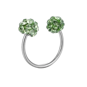 Detailed view of silver horseshoe piercing with light green crystal-paved balls