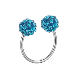 Macro detail of horseshoe ring featuring light blue pavé crystal balls and silver finish