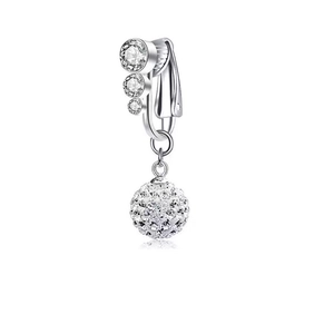 Silver non-piercing belly clip with three zircons and a sparkling paved crystal ball