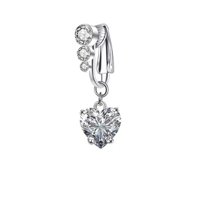 Non-piercing silver belly clip with three round zircons and a heart-shaped crystal pendant