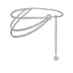 Chaîne de taille multicouche en argent avec pendentifs tournesol vintage sur fond blanc