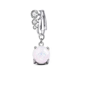 Silver non-piercing belly ring with three cubic zirconia stones and round white opal pendant