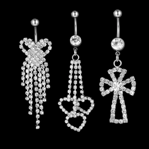 3-teiliges Bauchnabelpiercing-Set in Silber mit Strass-Quasten, Herzen und Kreuz-Design