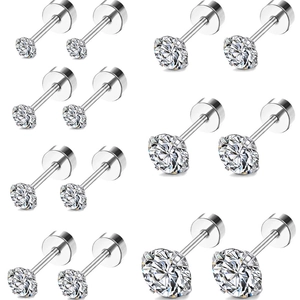 Lot de 8 boucles d'oreilles en acier inoxydable avec zircons de tailles variées