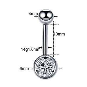 Detailed size chart of G23 titanium belly button ring with 4mm ball and 6mm zircon stone