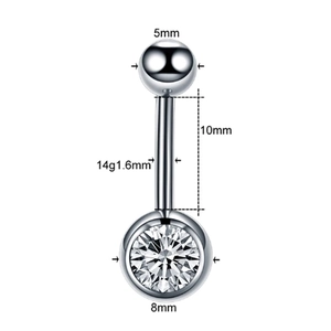 G23 titanium navel ring dimensions with 10mm curved bar and 8mm cubic zirconia