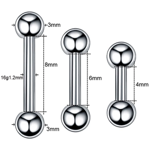Detailed size chart for 16G G23 titanium barbells with 4mm, 6mm, and 8mm lengths