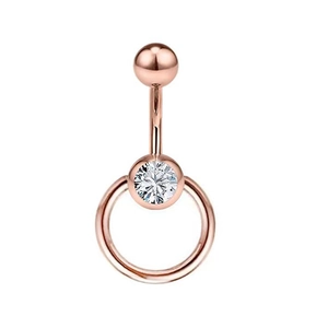 Piercing ombelico in oro rosa con zircone tondo e anello minimale in acciaio lucido