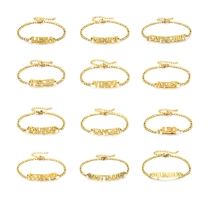 Set of 12 gold plated stainless steel zodiac name bracelets featuring adjustable chains