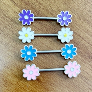 316L stainless steel nipple barbells featuring colorful enamel daisy floral designs