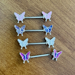 Set of four colorful glitter butterfly nipple bars made of 316L stainless steel jewelry