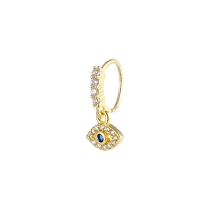 Golden nose ring with vertical zircon stones and an evil eye charm on white background