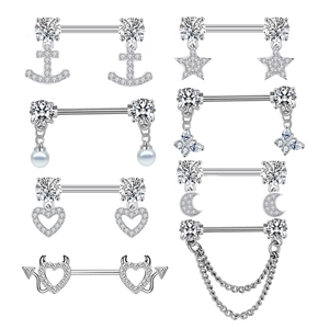 Anneaux de Téton en Zircon Haltère Droite en Acier Inoxydable Bijoux de Piercing en Cuivre Cœur Papillon Étoile Charme Bijoux de Corps pour Femmes