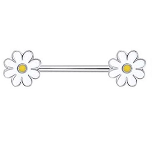 Surgical steel barbell piercing with white daisy flower ends and yellow centers