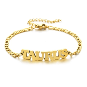 Golden Taurus zodiac pendant bracelet with polished stainless steel Figaro chain design