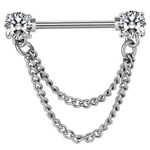 Piercing téton avec zircons en forme de cœur et chaînes pendantes en acier argenté