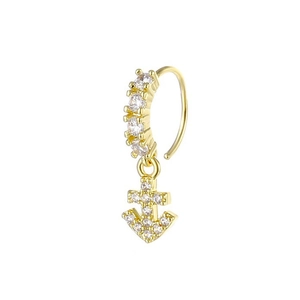 Golden nose hoop with sparkling cubic zirconia and a detailed anchor-shaped pendant