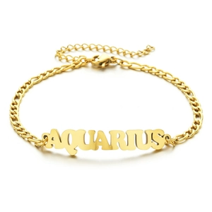 Gold plated stainless steel Aquarius zodiac bracelet with adjustable Figaro chain