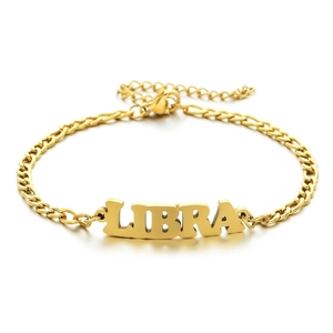 Golden stainless steel Figaro chain bracelet featuring a Libra zodiac nameplate pendant