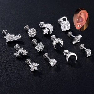 Stainless Steel Rod Copper Zirconia Cartilage Stud Earrings Star Moon Heart Flower Helix Piercing Jewelry For Women Men