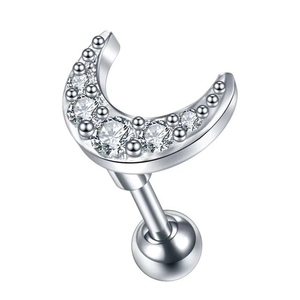 Minimalist silver crescent moon stud earring with sparkling cubic zirconia stones