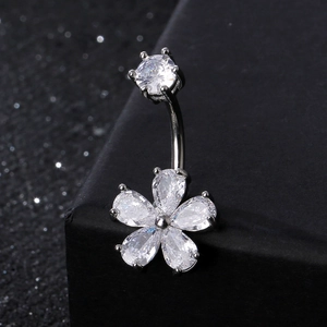 Detail of silver stainless steel navel ring featuring a pear-cut zircon sunflower design