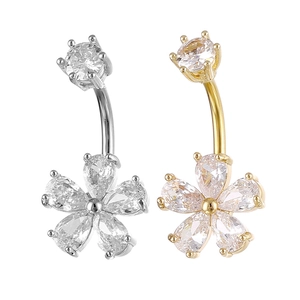 Sunflower belly button rings with pear-cut zircon petals in silver and gold steel finishes