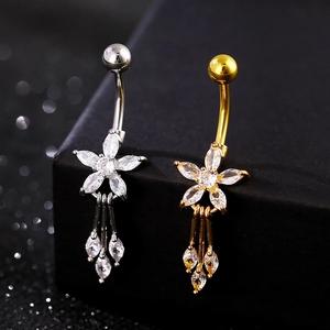 Zilveren en gouden navelpiercings met zirkoonbloemen en lange kwastjes met marquise-stenen