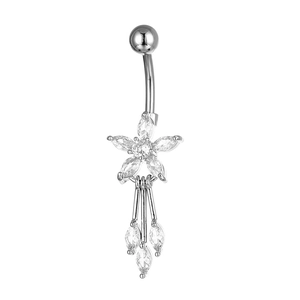 Elegante zilveren navelpiercing met zirkonia bloem en hangende kwastjes kettingen