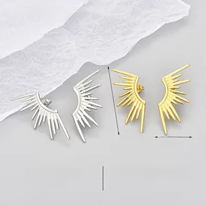 Detailed view of sunburst wing earrings in golden and platinum finish with dimensions