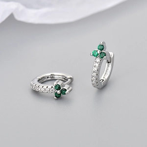 Elegant silver flower hoop earrings with green clover stones and zircon accents