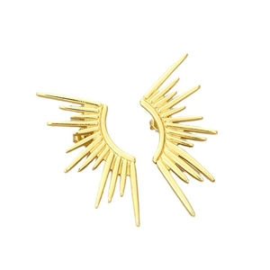 Golden sunburst stud earrings featuring geometric rays and abstract wing design