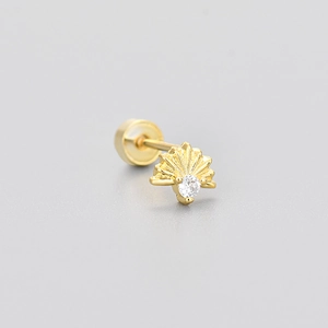 Detailed view of gold fan-shaped stud earring with a round sparkling zircon stone