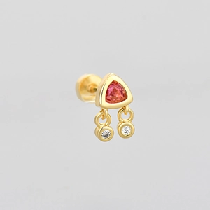 Triangle opal stud earring in 18K gold with pink gemstone and hanging white zircons
