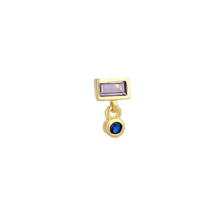 Golden geometric earrings with purple zircon top and round blue opal pendant on white background
