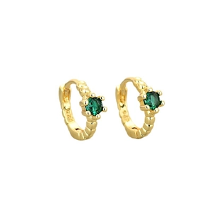 Gold plated S925 sterling silver huggie earrings with round green zircon and textured hoop