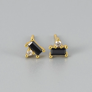 Elegant rectangular black zircon stud earrings with gold plating and clear accent stones