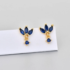 Elegant gold marquise-cut navy blue crystal crown stud earrings for women