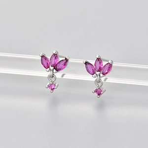 Elegant 925 sterling silver earrings with pink marquise crystals in a crown design