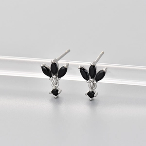 Detail of S925 sterling silver marquise black zircon clover earrings on acrylic stand