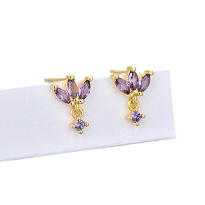 Elegant gold marquise-cut magenta crystal flower stud earrings for women on white background