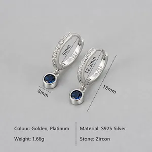Detailed size specifications for S925 silver hoop earrings with blue zircon stones