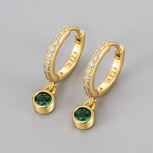 Detailed close-up of 18K gold-plated S925 silver earrings with green emerald zircon