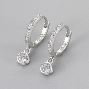 Elegant S925 sterling silver geometric hoop earrings with circular zircon stone pendants