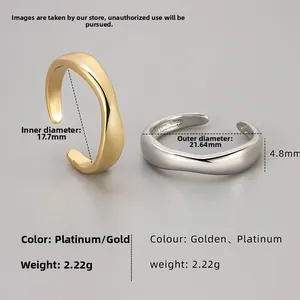 Detailed size chart for minimalist wavy open ring with S925 stamp in gold and platinum