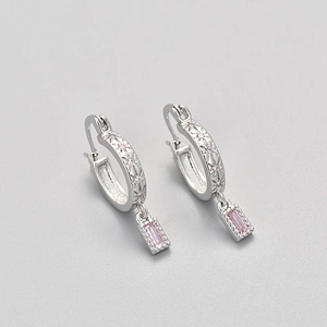 Silver hoop earrings with pink square zircon and engraved star patterns for women